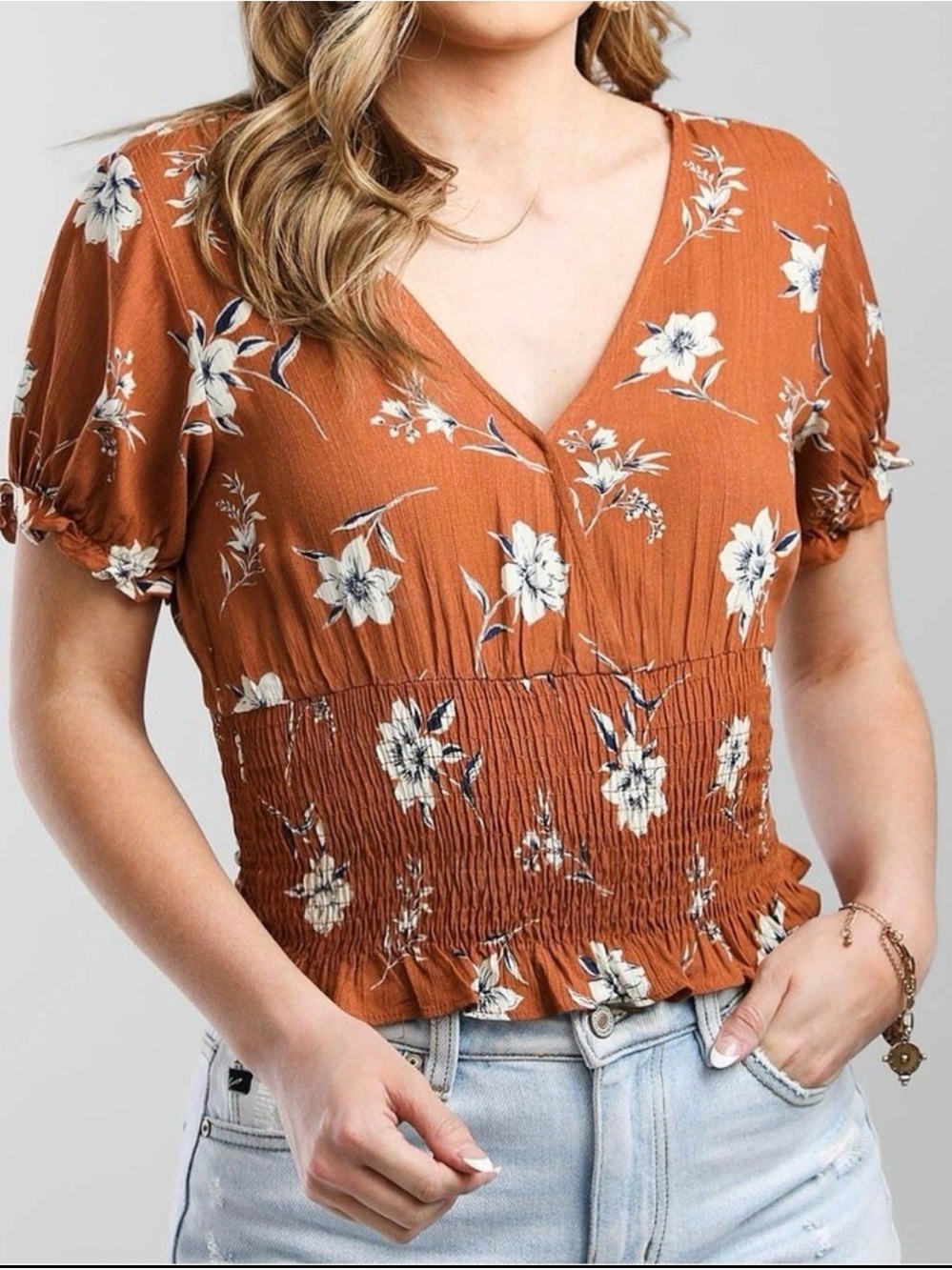 Paper Crane Rust Floral Smocked V-Neck Crop Top
